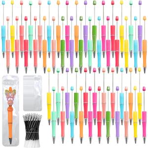 150 Pieces DIY Beadable Pens Kit - 50 plastic Beadable Pens Bulk, Refills & pen bags Included - Beaded Pens Black Ink Ballpoint Cute PensBright (Macaron)