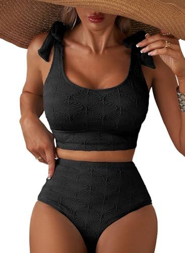 Herseas Women 2 Piece High Waisted Bikini Sets Seashell Textured Tie Strap Swimsuits Bathing Suit Beach Summer Outfits, Size XL