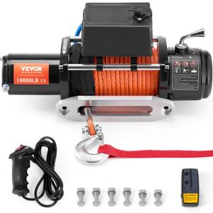 VEVOR Electric Winch, 10,000 lb Truck Trailer Jeep Winch, 12V DC 7/20 in x 65 ft Synthetic Rope Aluminum Fairlead Wireless & Wired Remote Control, IP55 Waterproof Towing for Off Road Jeep SUV Boat