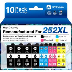 Weemay Remanufactured Ink Cartridges Replacement for Epson 252XL Ink Cartridges for Epson Printer Workforce WF-3640 WF-3620 WF-7720 WF-7710 WF-7620 WF-7610 WF-7210 (4 Black, 2 Cyan 2 Magenta 2 Yellow)
