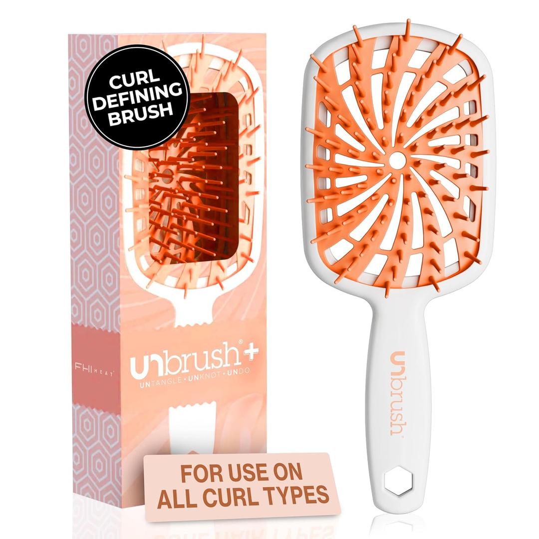 FHI Heat UNbrush Plus  Curly Hair Brush for Gentle & Effective Detangling on Wet or Dry Fragile Hair Types  Detangler Brush w/ 84 UltraFlex Bristles, Ultra-light, Vented, Anti Static Hairbrush (Orange Sherbet)
