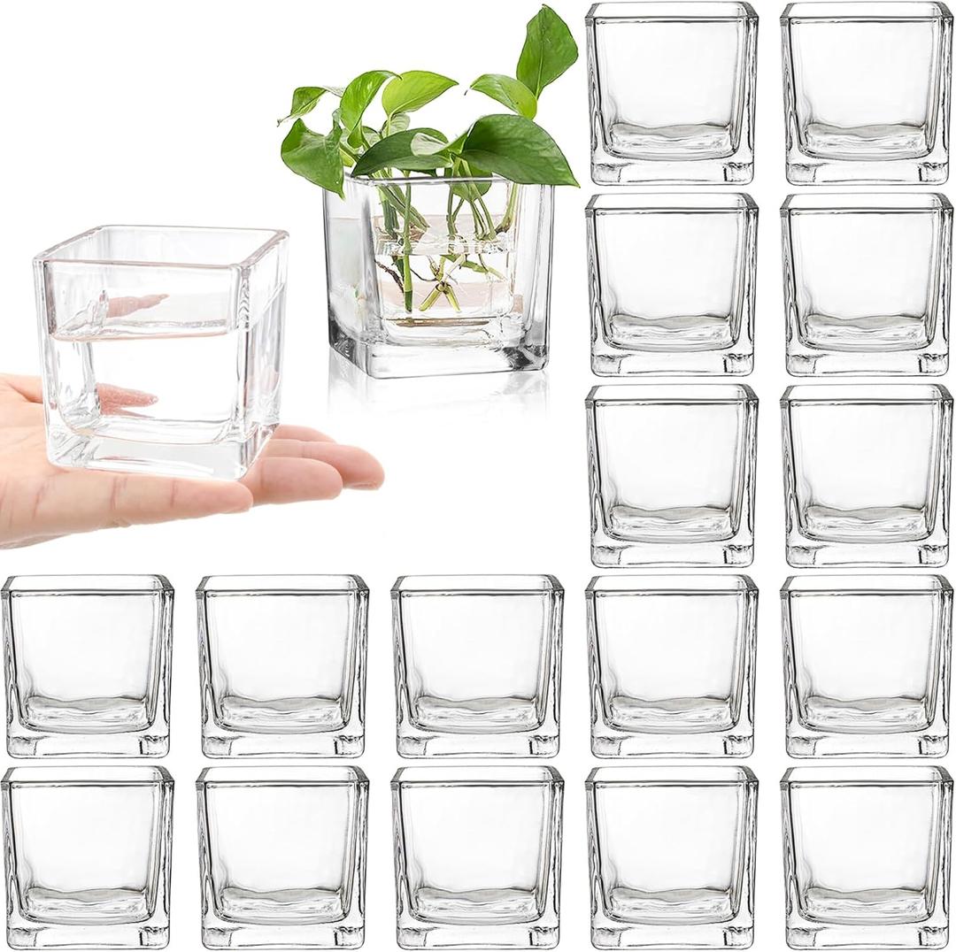 ZEAYEA Set of 18 Small Square Glass Vase, 2.4" x 2.4" Clear Cube Vase for Wedding Centerpieces Home Party Decoration, Square Glass Votive Candle Holder