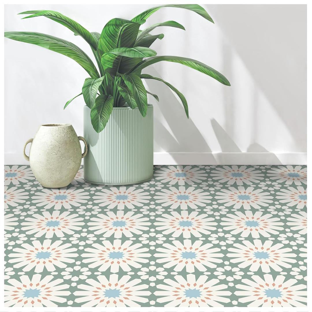 MORCART Peel and Stick Floor Tile - 20 PCS, 8" x 8" Vinyl Flooring - Waterproof Self-Adhesive Tile Sticker for Wall Backsplashes, Bathroom, Kitchen - Green and White Floral Look (20 Pcs 7.8 x 7.8 Inch, Green and White)