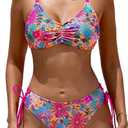 CUPSHE Women's 2 Piece Bikini Set Back Braided Straps with Reversible Bottom (Medium, White/Green Tropical)
