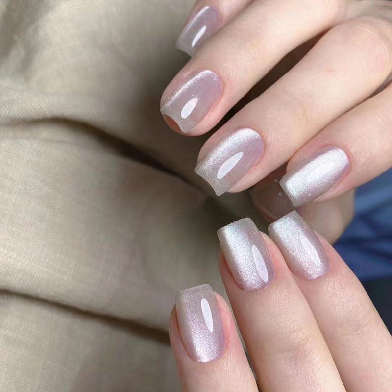 Press On Nails - Short Square Nude Glitter False Nails with Glossy Shiny Designs, Bling Acrylic, White Gel, Reusable Artificial Stick On Nails for Women, 24Pcs (style9)