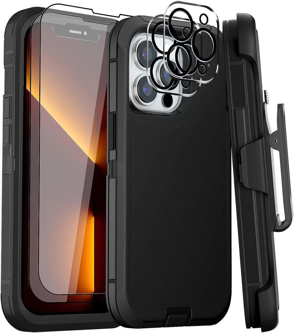 Case for iPhone 13 Pro Max Case 6.7" Belt-Clip Kickstand Holster with 2 Screen Protector + 2 Camera Lens Protector,Full Body Heavy Duty Military Grade Drop Protection Cover (Black+Clip)