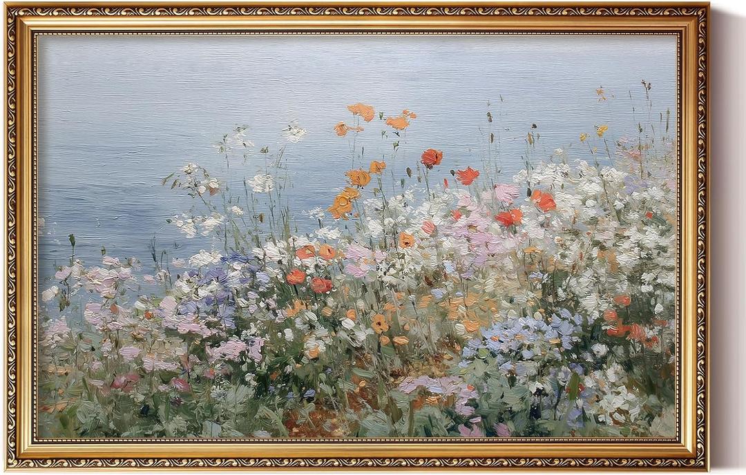 ARPEOTCY Large Vintage Gold Framed Floral Wall Art, Living Room Bedroom Dining Room Wildflower Meadow Coastal Picture Wall Decor,Canvas Artwork, Antique Rustic Nature Painting Farmhouse Decor, 24x36In