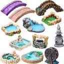 Jetec 12 Pcs Mini Fairy Garden Accessories Miniature Tiny Stone Bridge Mini Pond Lighthouse Water Well Waterwheel Figurines Resin Ornaments for DIY Craft, Lawn Pond Decor