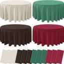 12 Pcs Plastic Christmas Tablecloth Round Bulk, Disposable Beige Brown Green & Wine Red Party Tablecloth, Xmas Table Cover for Picnic Birthday Christmas Party Supplies, 84x84 Inch