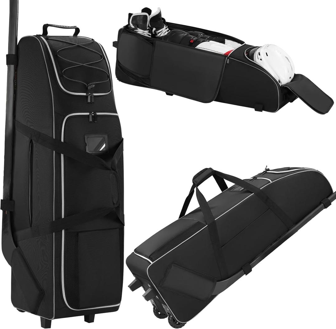 39-Inch Hockey Bag with Wheels, Large Ice Hockey Duffel Travel Bag for Equipment & Gear, with Separate Shoe Compartment (Black)