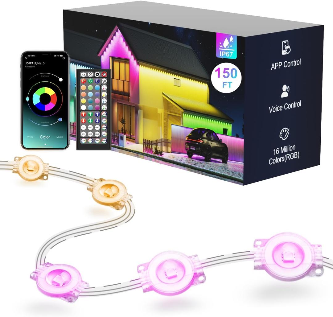 Fussion Permanent Outdoor Lights for House, 150ft RGB Halloween House Lights Outdoor with APP Remote Control, IP67 Waterproof Smart Eternity Eaves Lighting for Christmas, Holiday, Party, Daily, White