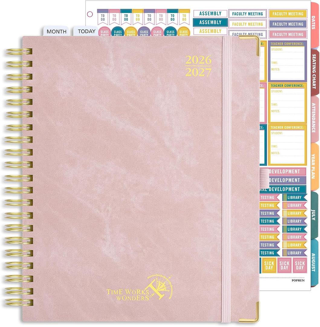 POPRUN Teacher Planner 2026-2027, 8.5"x11" Lesson Planner Book for Teachers | Jul 2026-Jun 2027 Teacher Lesson Planner, 7 Period Lesson Plan Book, Teacher Grade Book with Spiral Hardcover, Pink
