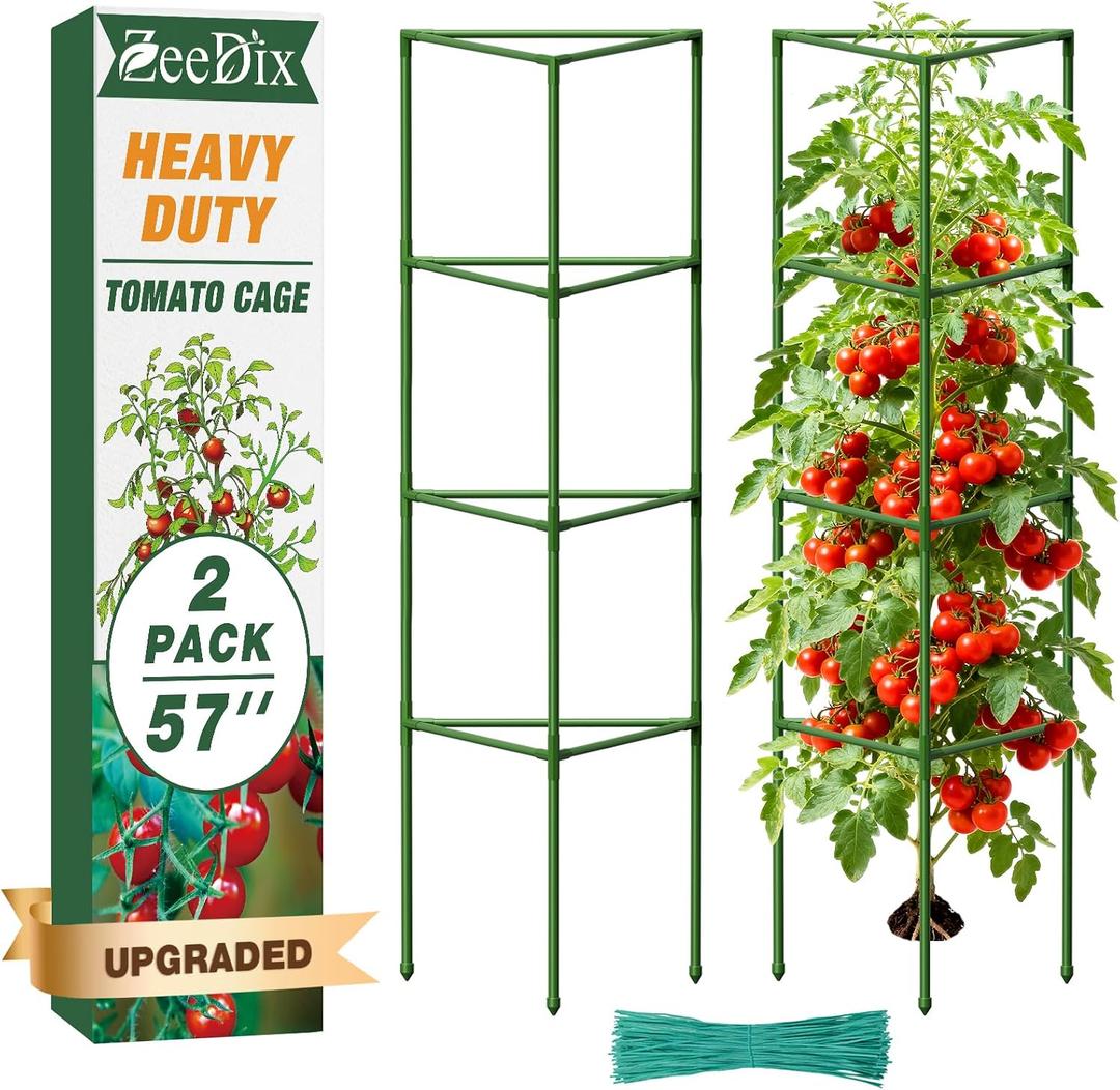 ZeeDix [Upgraded] 2 Pack Heavy Duty Tomato Cages for Garden, 57 Inch Foldable Plant Support Stakes for Heavy Climbing Plants, Adjustable Tomato Trellis for Pots Indoor & Raised Garden Bed Outdoor