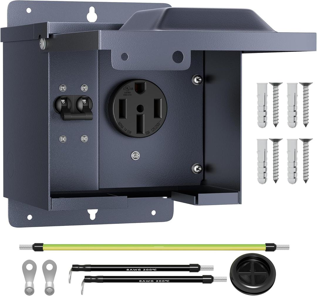 Joinfworld 50 Amp RV Power Outlet Box with Breaker, Weatherproof 125/250V UL Listed NEMA 14-50R RV Receptacle, Lockable Electrical Power Box for RV Camper Trailer Motorhome