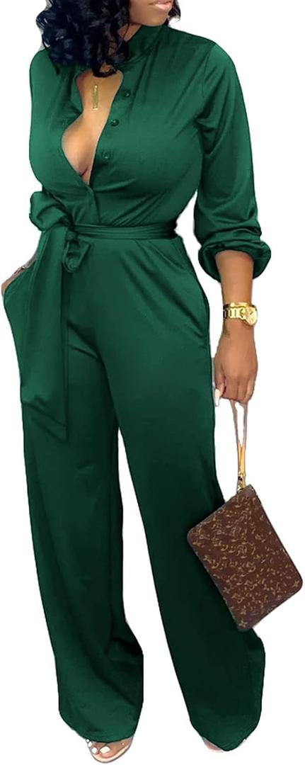 SxClub Jumpsuits for Women Formal Sexy Elegant Long Straight Pants Busineess Party Jumpsuit with Belt Pockets, Small