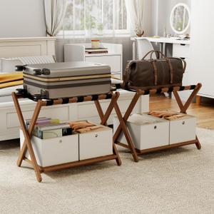 oakvivo Fully Assembled Walnut Luggage Racks Set of 2 with 4 Storage Boxes, 26.77" Bamboo Luggage Rack Stand for Guest Room, 5 Nylon Straps, Folding Suitcase Stand with Storage Shelf for Bedroom Hotel, Walnut+Box 2 Pcs