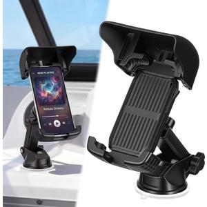 Tellegloww 1 Pack Boat Phone Holder, Marine Cell Phone Holder with Sunshade, Black 360 Degree Adjustable Suction Cup, Smartphone Accessory for Boat Rail, Car, Cycling, Pontoon and Outdoor Use