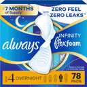 Always Infinity Feminine Pads for Women, Flexfoam Pads with Wings, Size 4, Overnight Absorbency, Unscented, 78 Count (3 Packs of 26)
