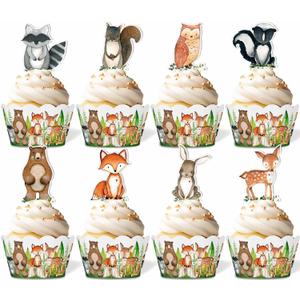 96PCS Woodland Baby Shower Cupcake Toppers and Wrappers Set (48 of each), Woodland Animals Cupcake Decorations, Kids Forest Creatures Themed Birthday Party Supplies for Table Decorations