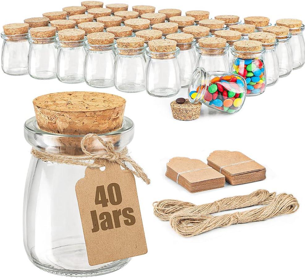 40 Pack Glass Favor Jars with Cork Lid, 3.4 oz Small Glass Bottles for Wedding Favor, Baby Shower, Party Favor, Gift Jars for Candy, Bonus Twine and Labels