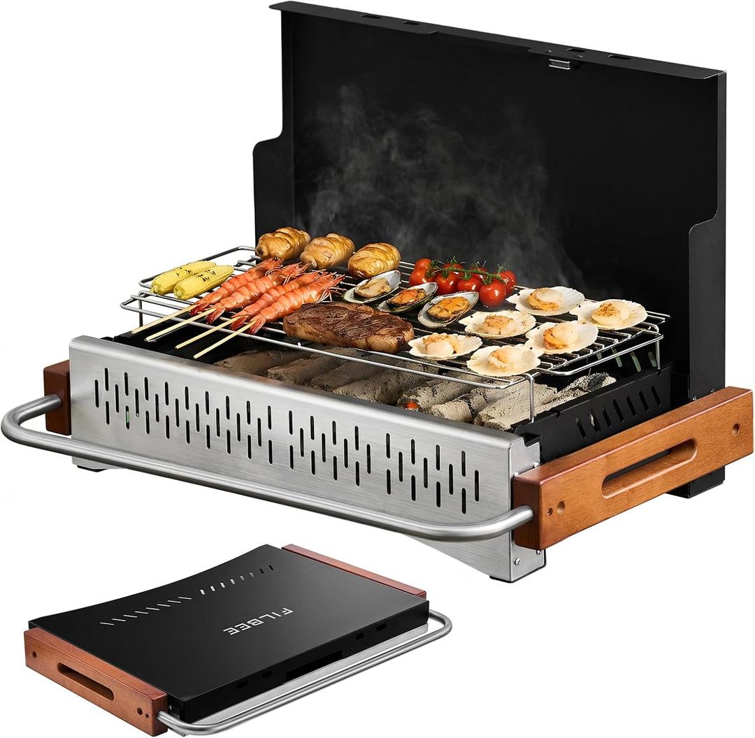 Portable Hibachi Charcoal Grill for Outdoor Camping, No Assembly BBQ Grill with Stainless Steel Grate, Height Adjustable Foldable Grill for Beach and Patio