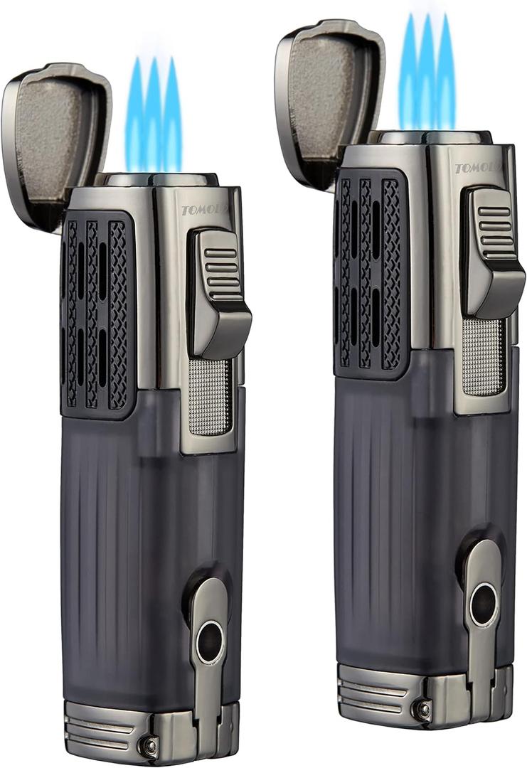 Cigar Lighter Triple Jet Flame Torch Lighter Refillable Butane Lighter with Cigar Punch, 2 Pack, Charcoal