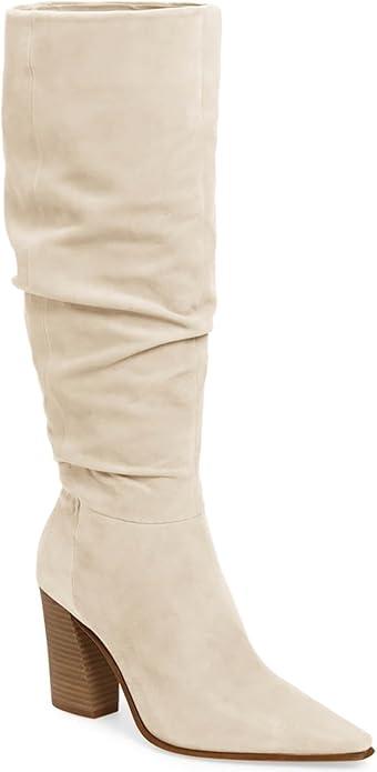 PiePieBuy Womens Faux Suede Knee High Boots Pointed Toe High Chunky Heel Side Zipper Party Dress Booties  (9, Nude)