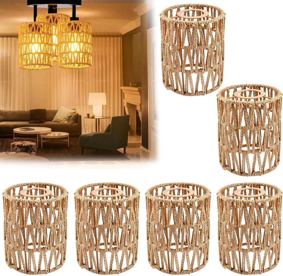 Supkiir 6 Pack Rattan Lamp Shade, Retro Small Pendant Light Shade Replacement, Boho Cylinder Wicker Woven Lampshade for Chandelier, Floor Lamps, Pendant Light, Wall Sconces Light Fixture