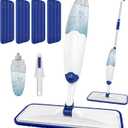 HOMTOYOU Microfiber Flat Mop with Sprayer: Spray Mop with 4 Washable Pads for Cleaning Multi-Surface Floors - 1Pcs 400+ML Refillable Bottle (White Blue)