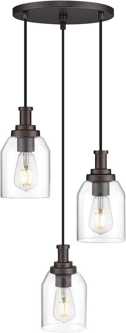 zeyu 3-Light Pendant Lighting, Adjustable Farmhouse Cluster Pendant Light for Kitchen Dining Room, Oil Rubbed Bronze Finish with Clear Glass Shade, ZG33-3 ORB (4.7 Inch | 3-Light)