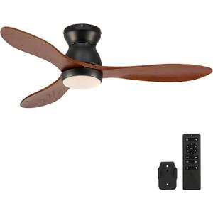 VONLUCE 42 Inch Ceiling Fan with Lights, Flush Mount Wood Ceiling Fan and Remote, 6-Speeds Quiet Reversible DC Motor, 3CCT, Natural Wood 3 Blades Outdoor Ceiling Fan for Patios Farmhouse, Black