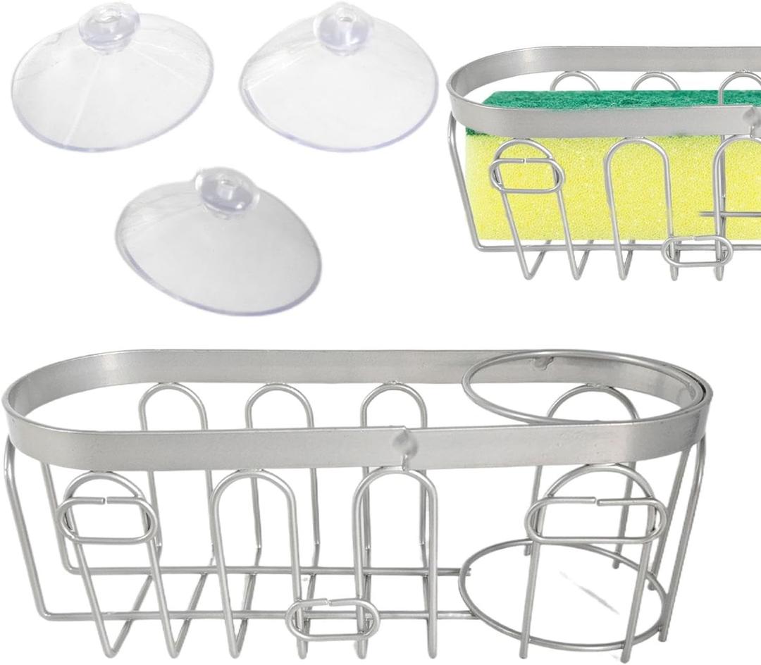 Sponge Drain Rack - Kitchen Sponge Drainer | Sponge Brush Holder | No Punch Suction Cup Sponge Organizer Storage Holder | Utensil Drying Rack for Bathroom, Sponge Holder for Kitchen Sink (Silver)
