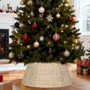 24 Inch Wicker Christmas Tree Collar, Handwoven Rattan Tree Base Cover with Cable Slot and Metal Frame, Durable Tree Stand Cover for Xmas Trees, Indoor Outdoor Use (Natural)