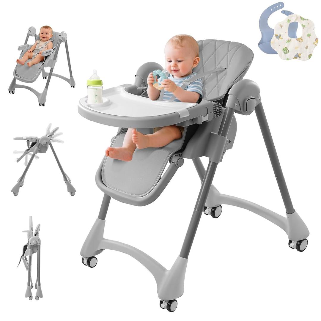 Highchairs for Babies and Toddlers, Foldable Baby High Chair with Wheels