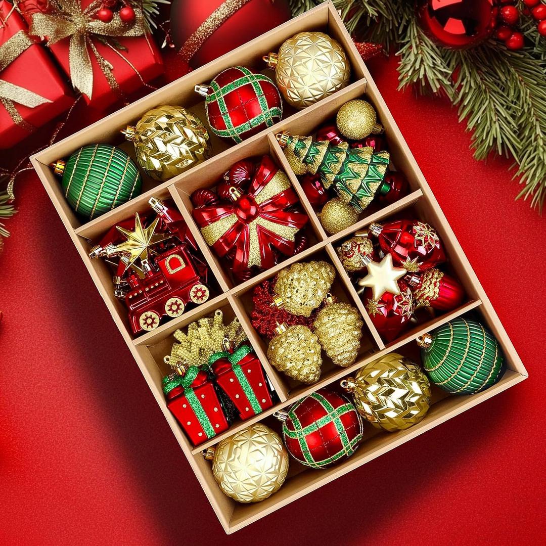 Alupssuc 82pcs Christmas Balls Ornaments Set, Delightful Classic Gift Set, Shatterproof Plastic Decor for Xmas Tree Holiday Wedding Party Decorations with Hanging Strings, Gold, Red and Green