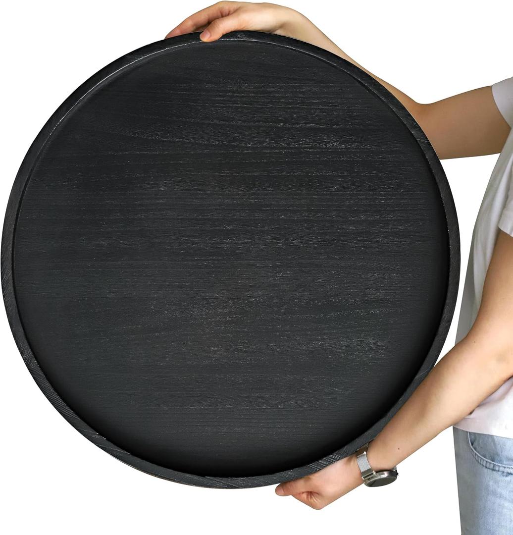 Gurfuy Round Wood Ottoman Serving Tray 24" - Rustic Wooden Table Tray for Farmhouse Decorative Oversized Coffee Table Trays Living Room Kitchen Counter Breakfast Black