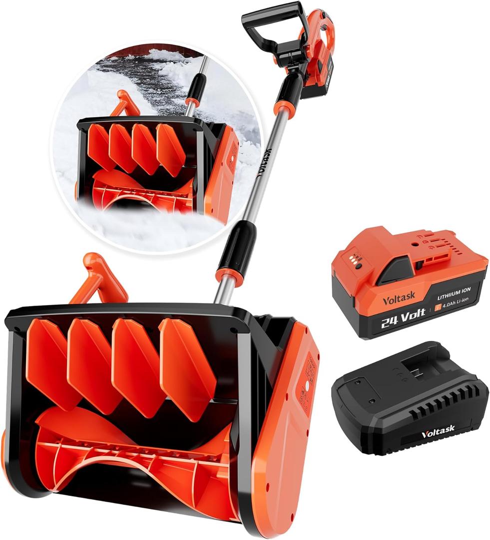 VOLTASK 24V Cordless Snow Shovel, 12.8-Inch Cordless Snow Blower, 4-Ah Battery Snow Blower with Directional Plate & Adjustable Front Handle (Battery & Quick Charger Included)