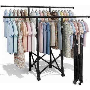 Clothes Rack Double Rods, Foldable Laundry Rack for Air Drying Clothing, Wardrobe Closet Rolling Sturdy Metal Garment Rack for Bedroom Laundry Living Room, Black 34.3inch to 57inch
