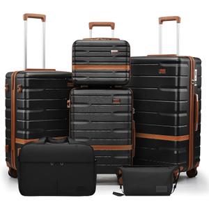 Luggage Sets, Suitcase with Spinner Wheels, PC+ABS Hardshell Travel Luggage Set with TSA Locks,Lightweight Rolling LuggageCarry on suitcase with YKK Zippers (Black, 6 piece set(14/20/24/28/DB/TB))