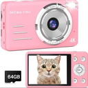 Digital Camera, 4K 64MP UHD 18X Autofocus Digital Zoom with 64GB Micro SD Card 2.8 Inch IPS Screen, Portable Compact Point and Shoot Vlogging Camera for Photography Teens Beginner Adult, Pink