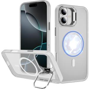 ADDIT for iPhone 16 Case iPhone 16 Magnetic Phone Case Fits MagSafe Military-Grade Translucent Matte Back Built-in Camera Stash Stand Case Fit for iPhone 16 (TP White)