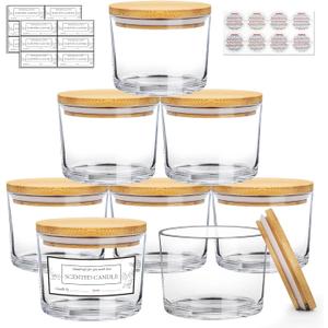 CONNOO 8 Pack 12 OZ Clear Glass Wide Mouth Candle Jars for Making Candles with Airtight Bamboo Lids Nice Sticky Warning Labels for Candle Making Empty Container Bulk - Dishwasher Safe
