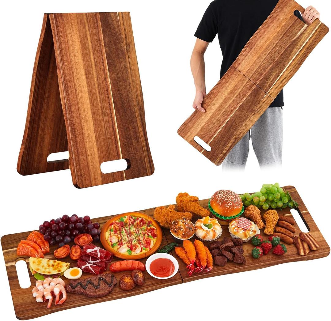 Large Acacia Charcuterie Board with Handles 36 x 12 Inch Extra Large Wood Foldable Serving Tray Wood Rectangular Appetizers Cheese Food Meat Board for New Home Party Housewarming Gifts