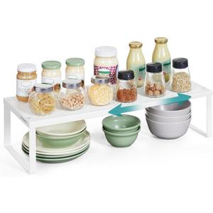 SONGMICS Spice Rack, Expandable Kitchen Countertop Shelf, Small Cupboard Organizer, Metal, Space-Saving Tabletop Shelf, Matte White 