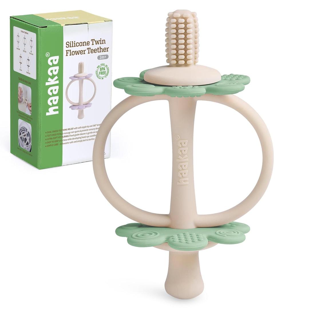 haakaa Silicone Baby Teething Toys,Nipple-Shaped End for Gum Massage,360 Baby Toothbrush Head for Self-Brushing Training,Easy to Grip-Pea Green