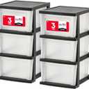 IRIS USA Plastic Drawer Storage Organizer, 3-Drawers, 2-Pack, for Classroom Art Craft Supplies, Bathroom Bedroom, Laundry Room, Black/Clear