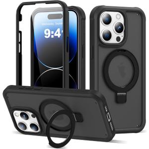 Compatible with iPhone 14 Pro Case with Magnetic Ring Stand [Compatible with Mag-Safe] [Built-in Screen Protector] Military-Grade Drop Protection Matte Translucent Phone Case, Black