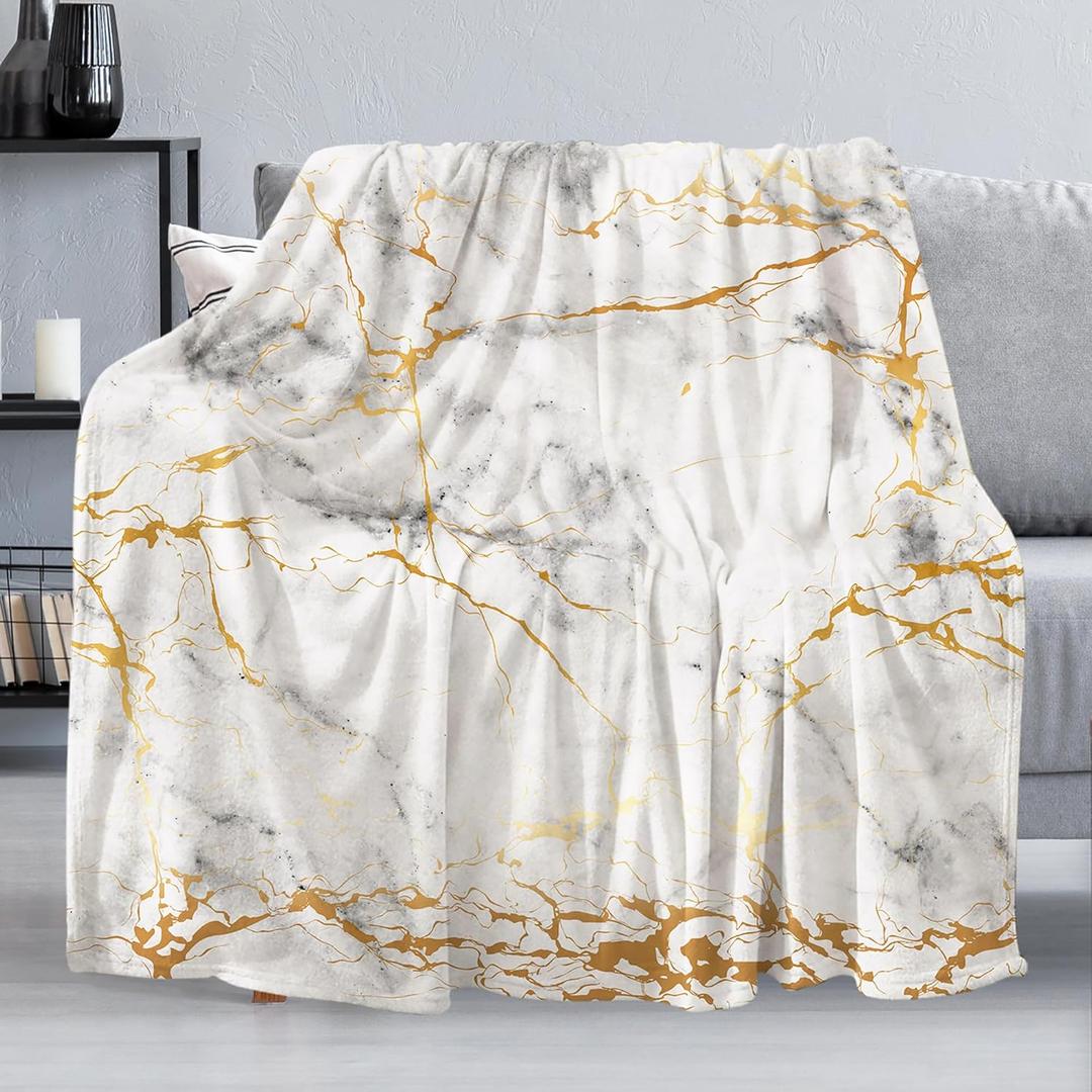 Gold Marble Throw Blanket for Couch, Super Soft Fuzzy Throws Warm Comfortable Plush Fleece Blanket, Fashion Decorative Flannel Fleece Blanket for All Season(50 x 60 in, Gold Marble)