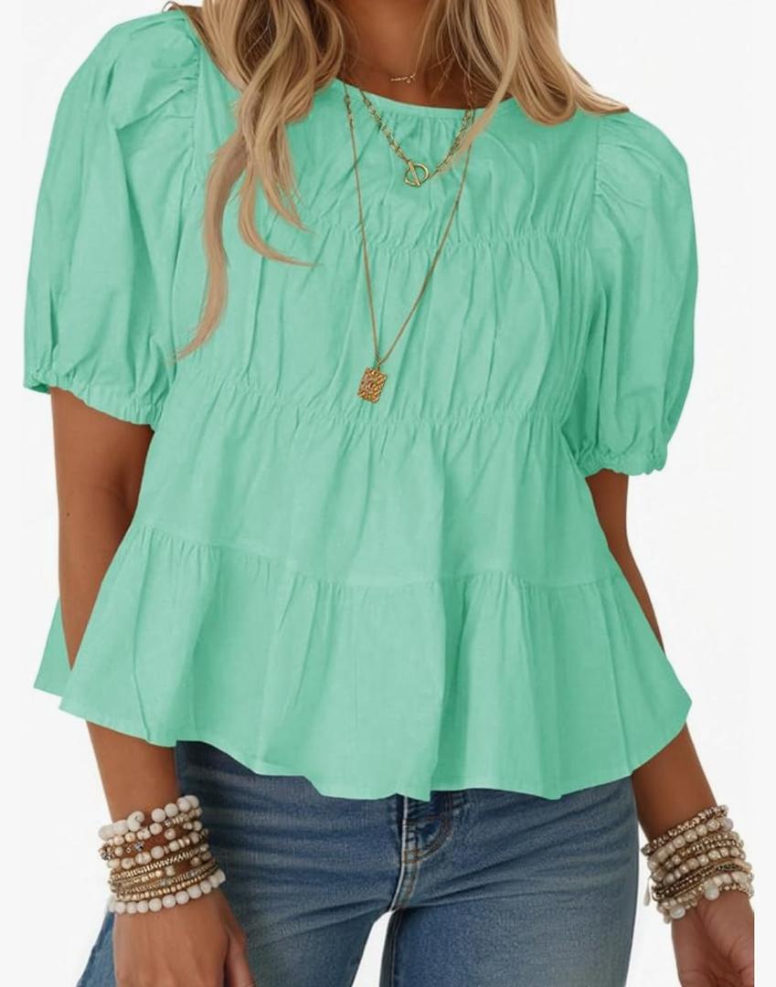 Tankaneo Womens Puff Sleeve Peplum Babydoll Tops Summer Smoked Pleated Cotton T-Shirts Casual Loose Fit Flowy Blouse L