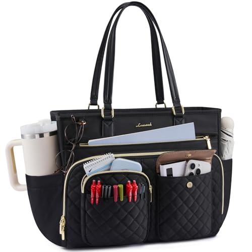 LOVEVOOK Tote Bag, Work Bags for Women with Large Cup Holder, Large Capacity Teacher Tote with Multi Pockets, Water Resistant Nurse Diaper Tote with Padded Laptop Compartment, 15.6 Inch Black